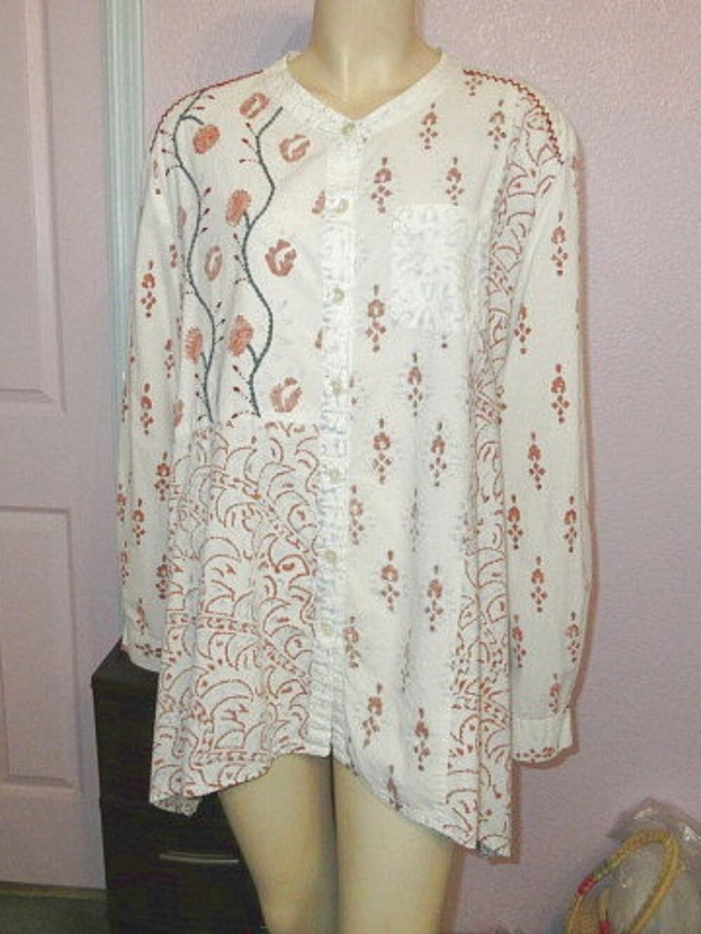 Dignity Not Charity Blouse Top Size 2X Batik Kantha Stitch Button Up Tunic Boho